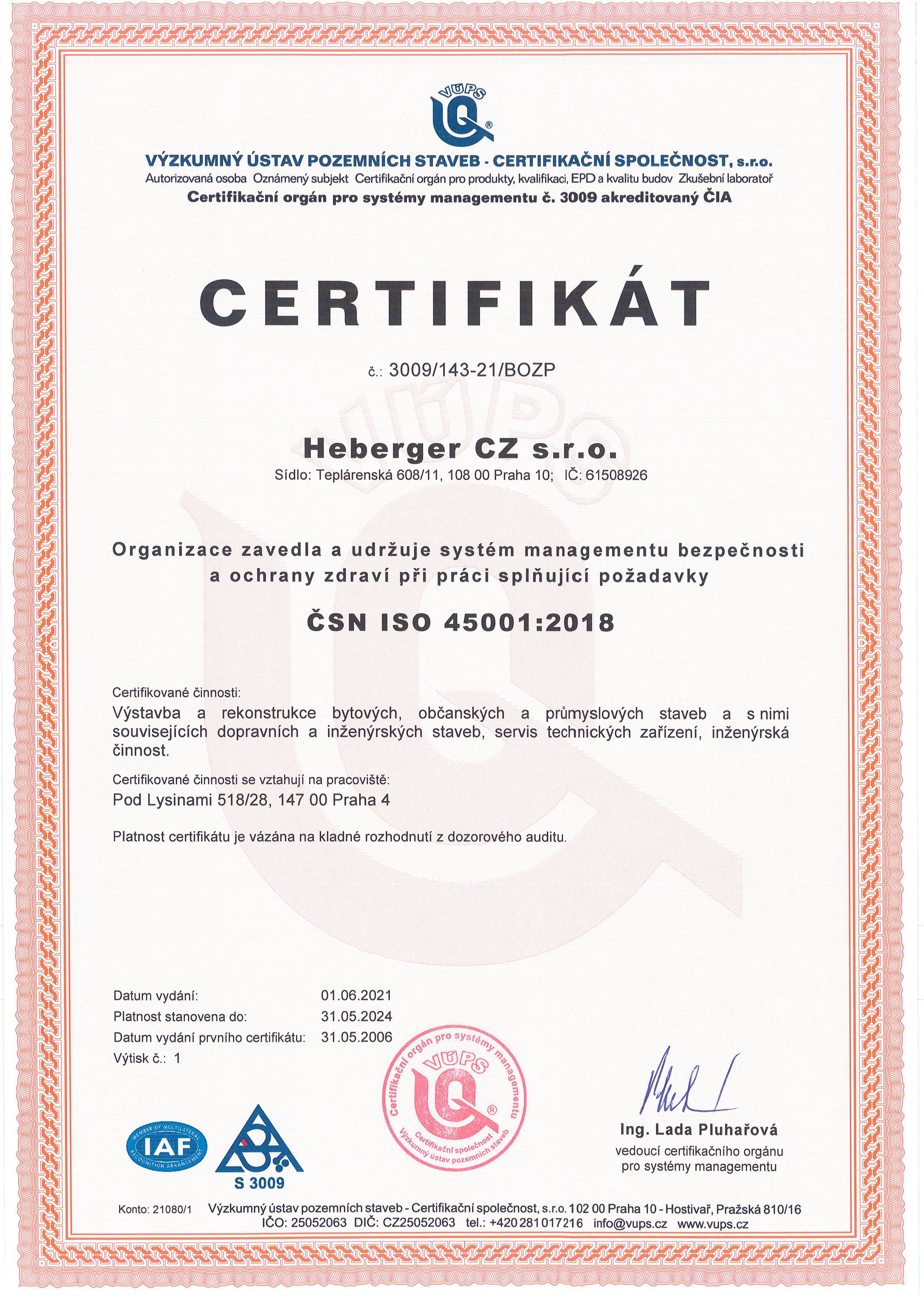 Certifikát OHSAS 18001