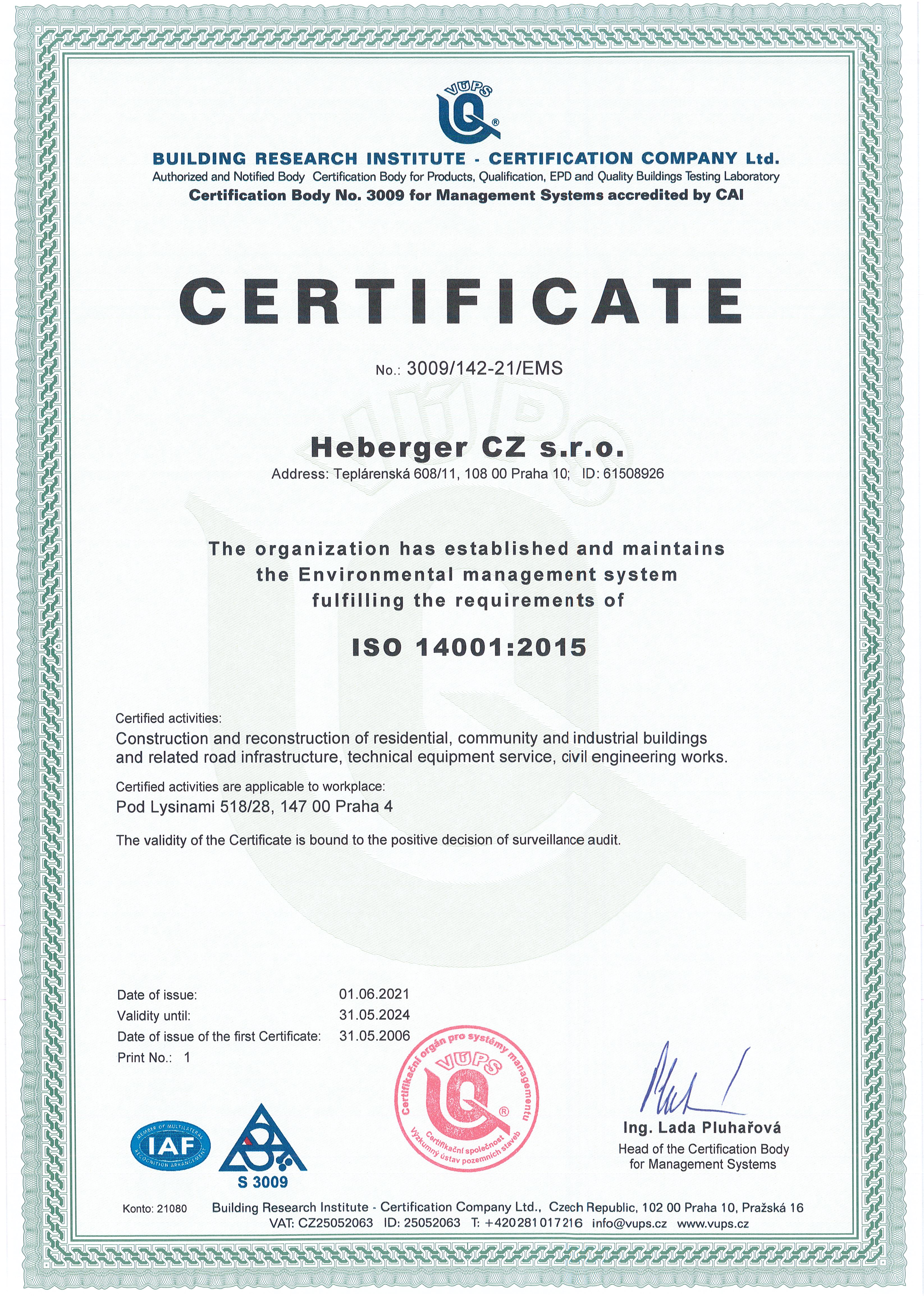 Certifikát ISO 14001