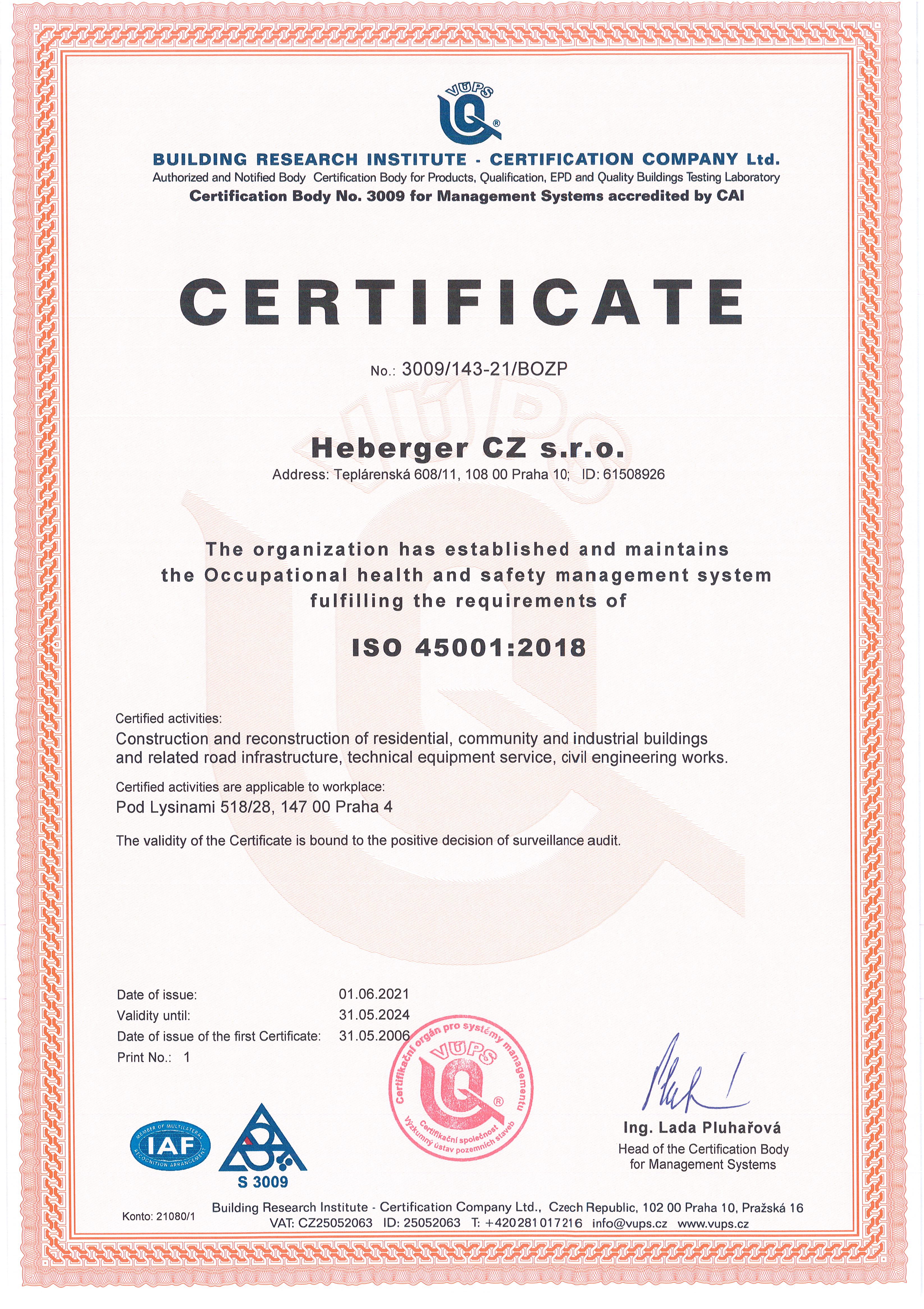 Certifikát OHSAS 18001